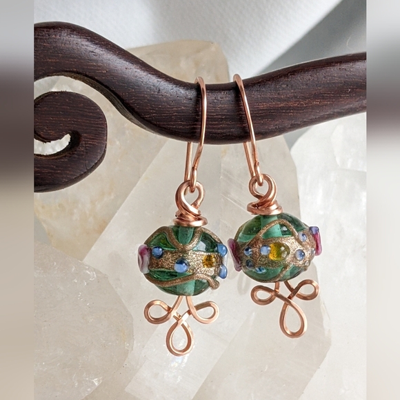 Venetian Emerald Glass Bead Earrings Copper Wire Wrap Colorful Handmade - Picture 9 of 16